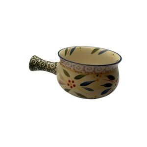 Old World Rustic Stoneware Soup Bowl Brown Green Handled Ceramic Vintage